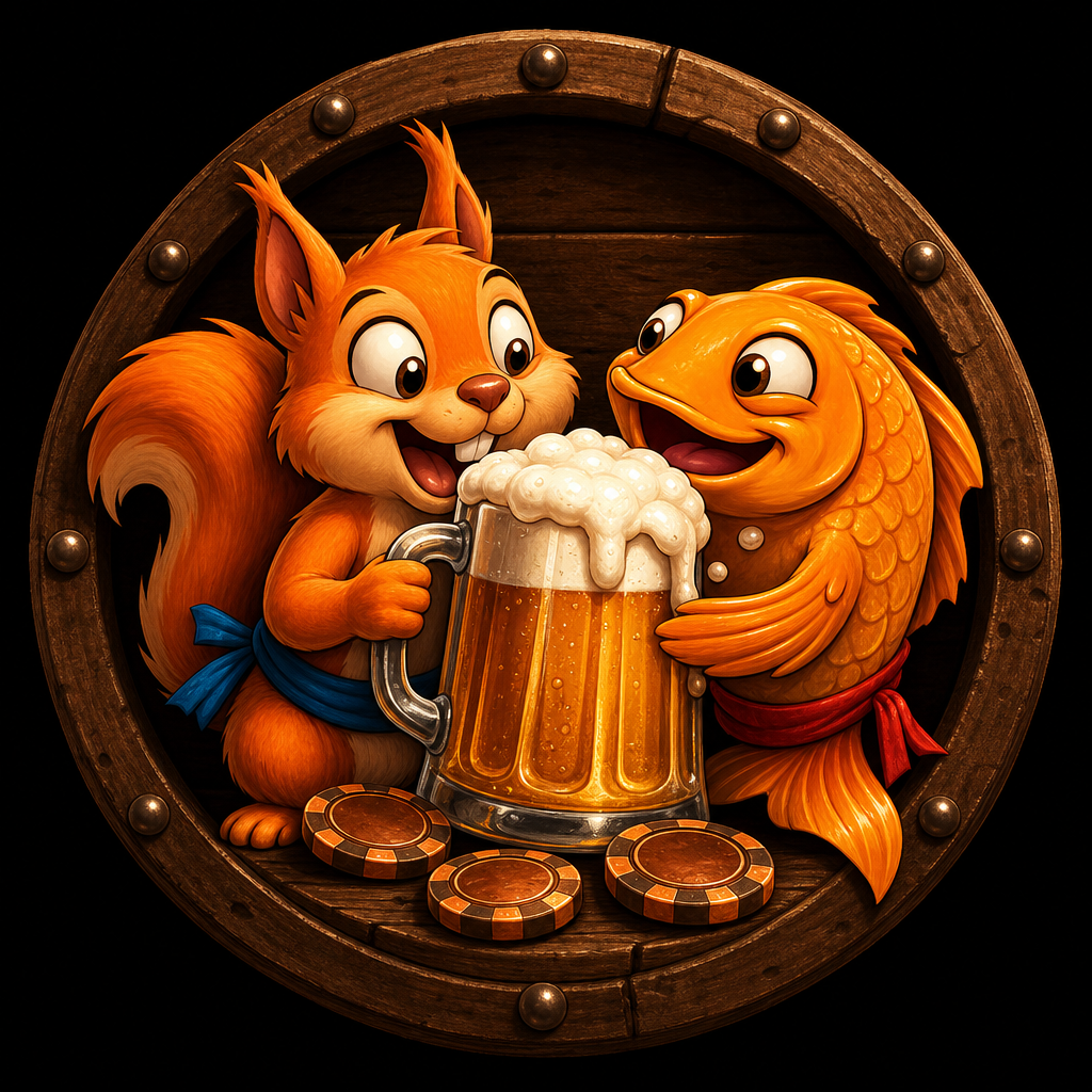 Вход в Pivo Casino Эмблема Beer Casino с рыбкой, белкой и кружкой пива